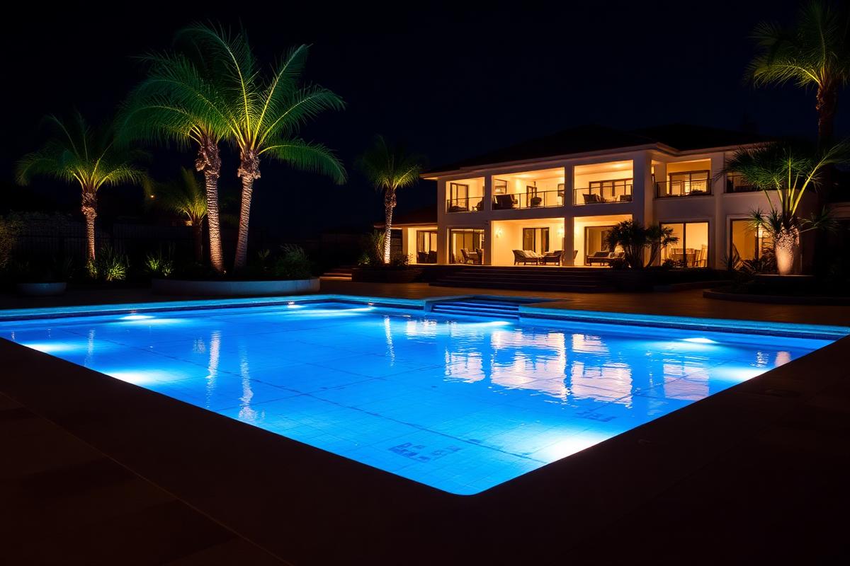 Pool at sunset with lighting